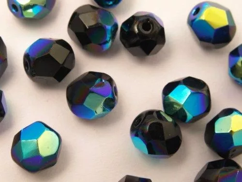 Fazettázott üveggyöngy 8mm irizáló fekete 12db/cs